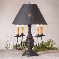 COLONIAL TABLE LAMP & PUNCHED TIN SHADE - Heavy Distressed Black Crackled Finish