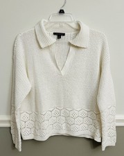 Ann Taylor Ivory Open Knit Collared Pullover Sweater Crochet Petite Small