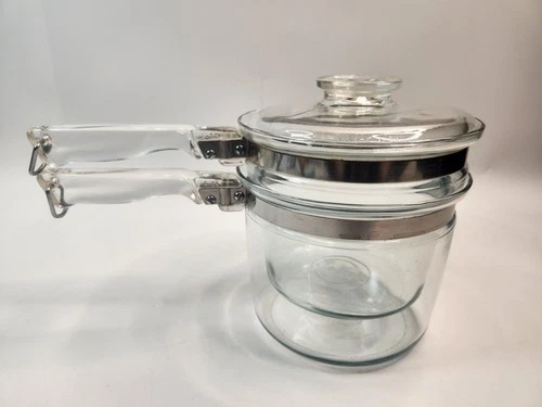 PYREX GLASS FLAMEWARE Double Boiler Pot Insert Lid 1-1/2 Qt 6283 3-Piece Set