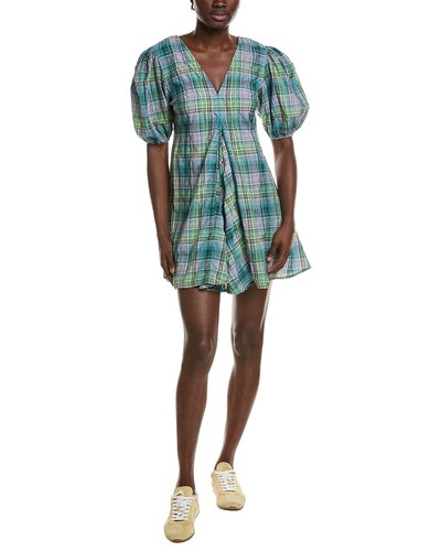 Ganni Seersucker Check V-Neck Mini Dress Women's