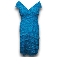 Marina Teal Blue Sequin Floral Lace Cocktail Dress Sz 16 FREE SHIP Stretch MOB