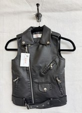 Black Biker Vest Faux Leather Silver Zip Children 4-5 Boy Girl Unisex Fashion