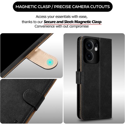 Pixfab Custodia A Portafoglio In Pelle Per OPPO Reno13 F/FS 5G – Con Protezione RFID, Slot Carte, Chiusura Magnetica E Supporto, Nero