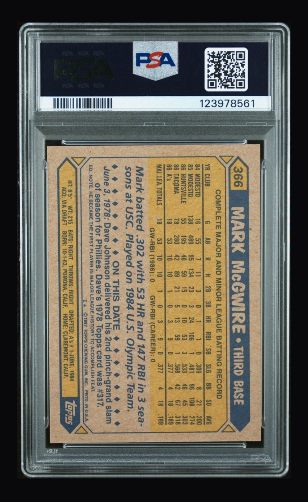 Topps 1987 Mark McGwire Rookie #366 Auto PSA Mint 9 Auto 10  view 2