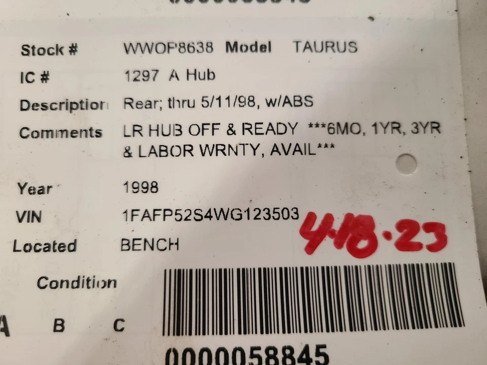 Buje de rueda trasero usado se adapta a: Ford Taurus 1998 trasero con ABS grado A trasero Foto 3 de 4