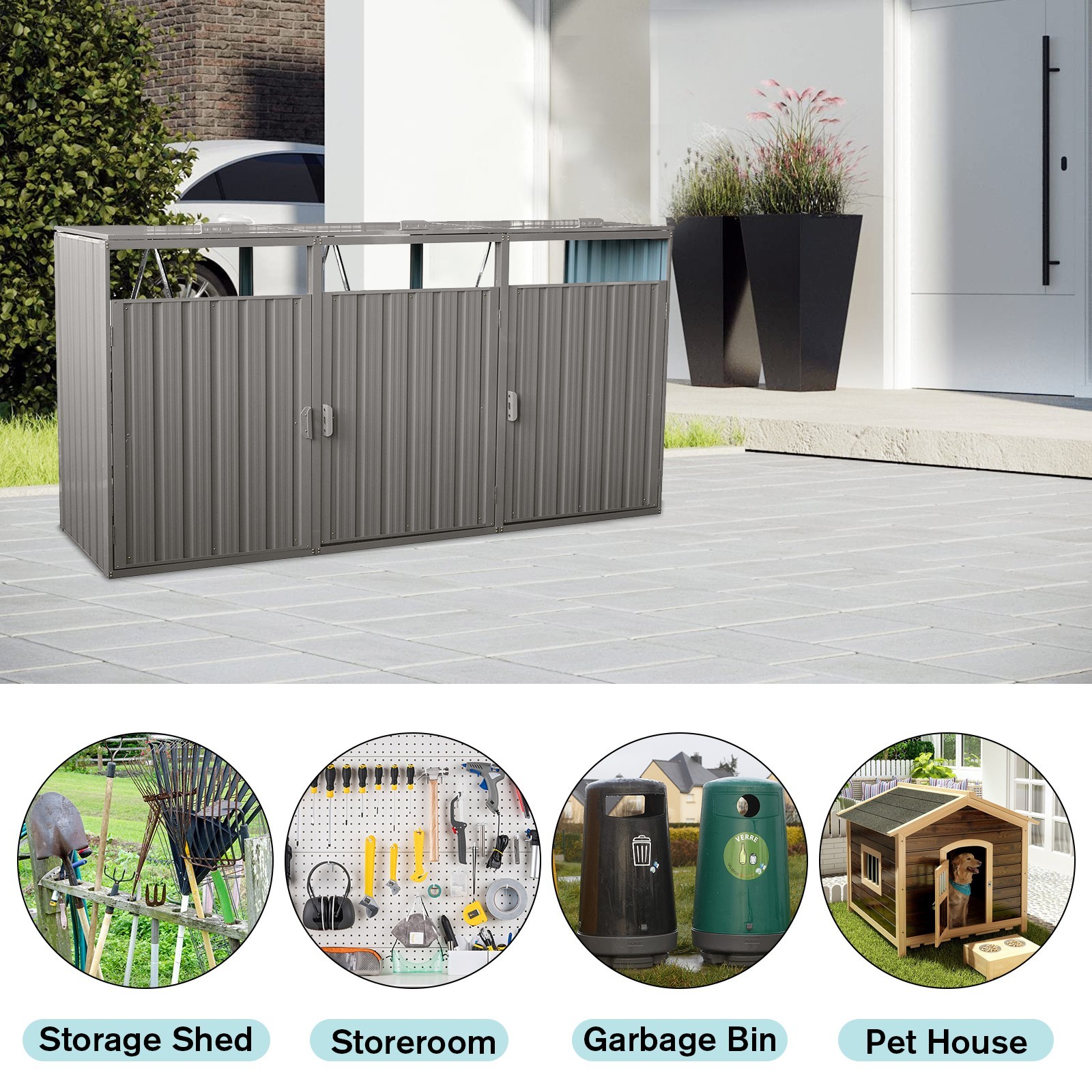 Outdoor Garbage Storage Bin Shed Stores 3 Trash Cans Metal Bin Shed for Yard