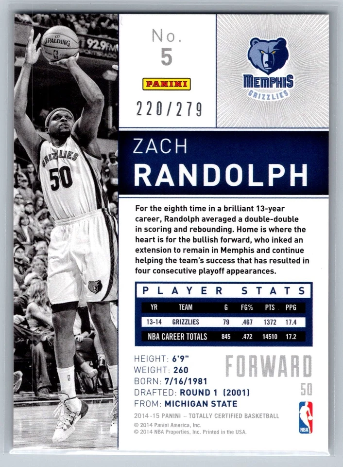 Zach Randolph 2014-15 Panini Totally Certified Platinum Red /279 #5 - Image 2 of 2