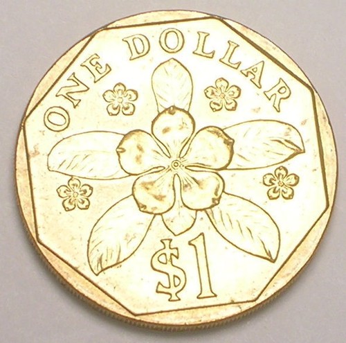 1997 singapore one 1 dollar periwinkle plant coin xf
