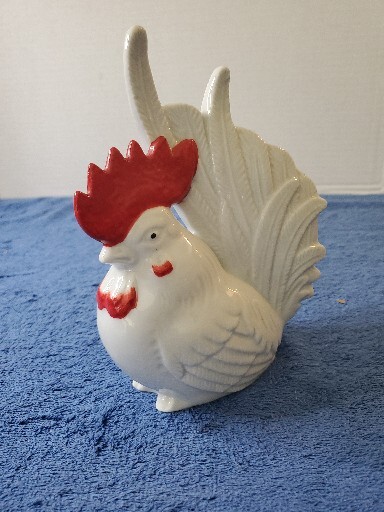 Vtg Farmhouse ROOSTER Bird Figurine WHITE Glazed Ceramic 7.75