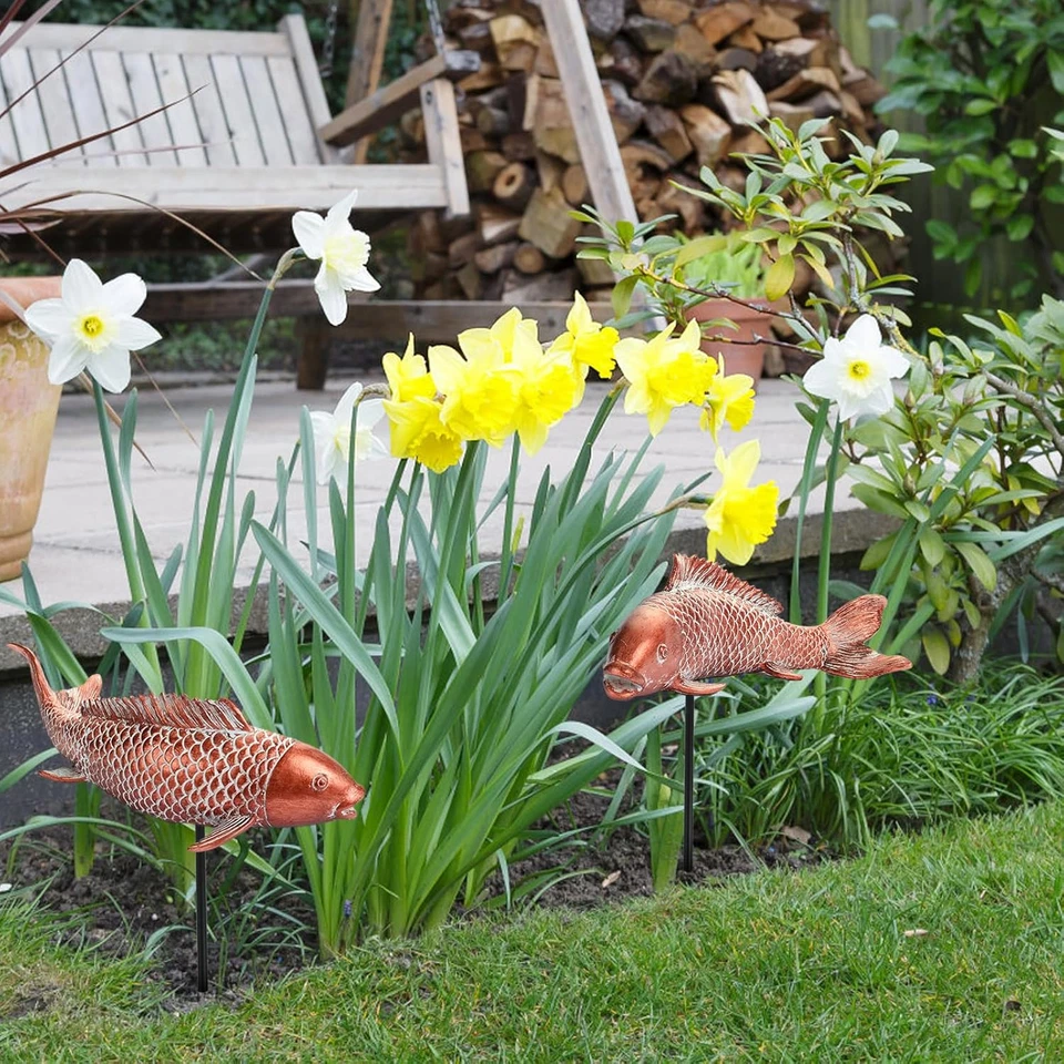 Estatuas de decoración de jardín al aire libre de peces Koi, 2 piezas escultura artística antigua de cobre Koi Foto 3 de 4