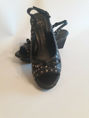 B Makowsky Black Leather Peep Toe Sling Back Silver Studded Wedge Heel 6.5 M