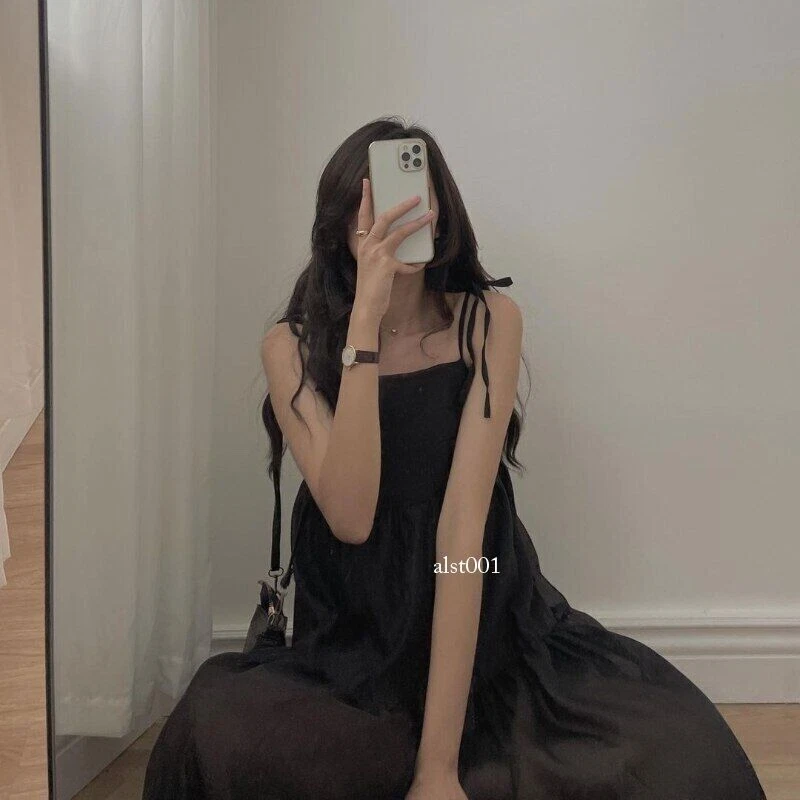 OFF WHITE Abito estivo alla moda coreana senza maniche stringhe nero casual abito midi