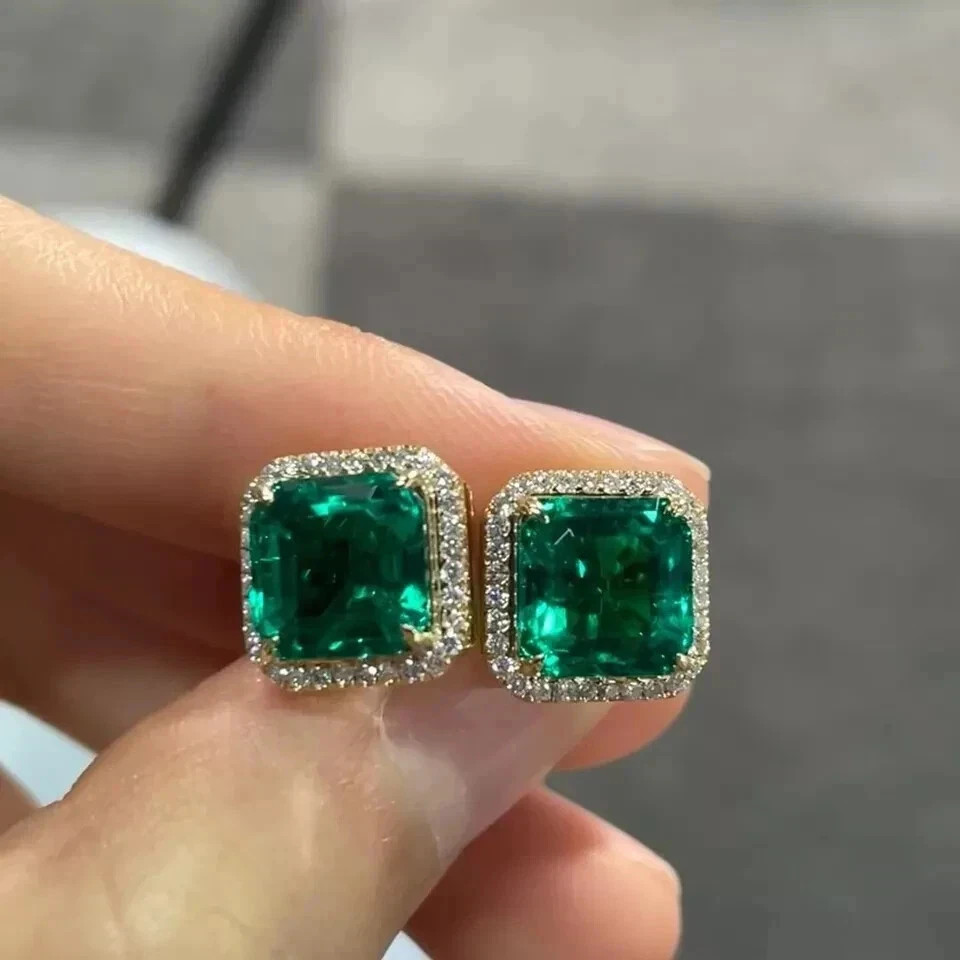 5.99Ct Asscher Natural Columbian Emerald & Diamond Earring Stud 14K Yellow Gold