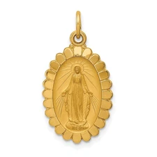 14K Gold Solid Polished/Satin Medium Oval Scalloped Miraculous Medal Pendant