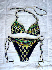 Trina Turk bikini size 4 top; bottoms 6; multi colored gold hardware tie string