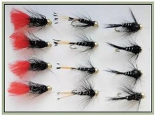 12 Barbless Goldhead Nymph, Zulu, Black Pennell & Black and Silver, mixed sizes.