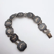 Antique Siam Niello Bracelet Panel 925 Sterling Silver Black Enamel Mekkala Boat