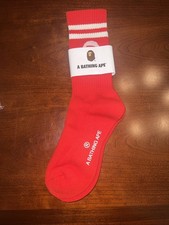 A Bathing Ape Bape Crew Socks Red/White Stripe  Logo One Size New In Packaging
