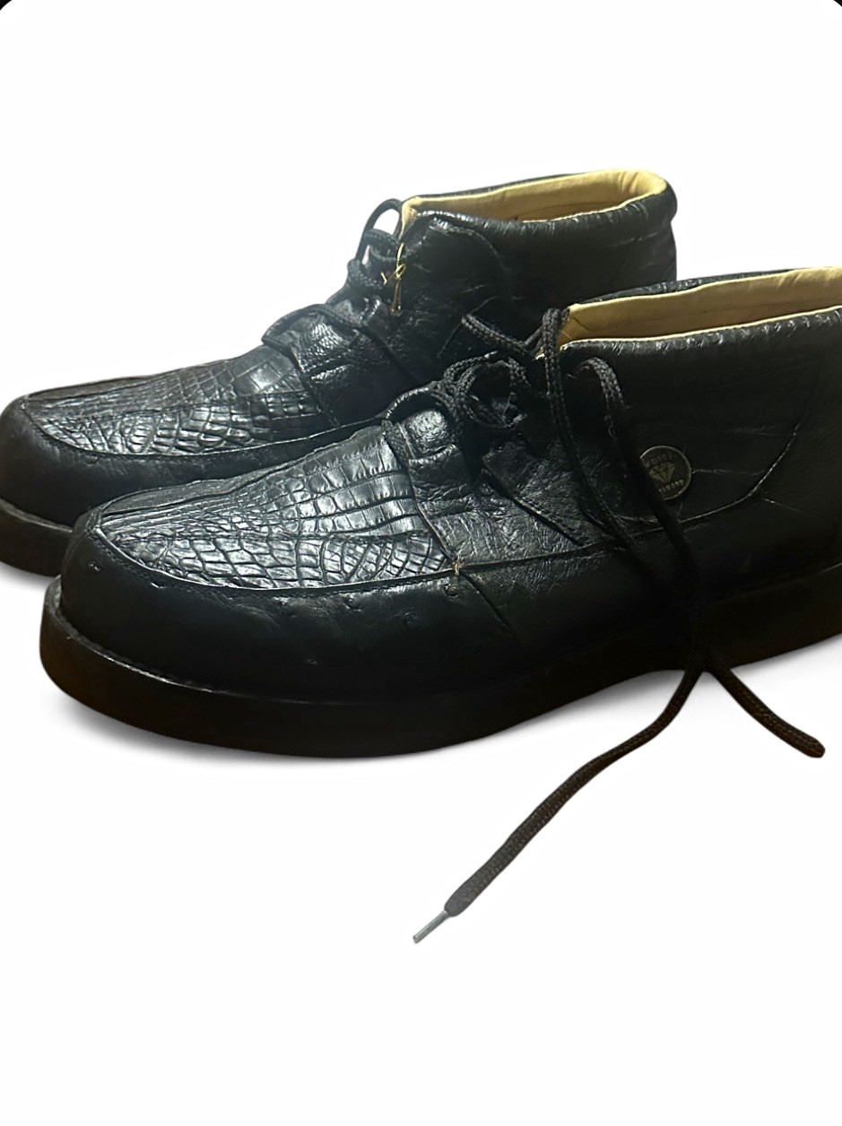 White Diamonds Genuine Exotic Caiman and Ostrich Skin Casual Shoes - Black