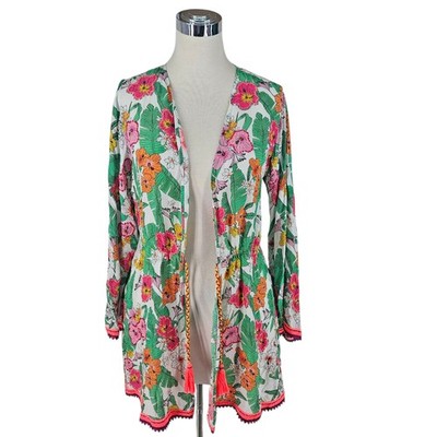 Boston Proper Cabana Tropics Print Flare Sleeve Duster sequined tunic cover-up M