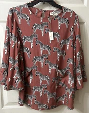 NEW World Market Women’s Top Size S/M Bell Sleeves Pockets Mauve w/Zebra Print