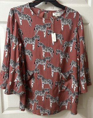 #ad NEW World Market Women’s Top Size S M Bell Sleeves Pockets Mauve w Zebra Print $16.49