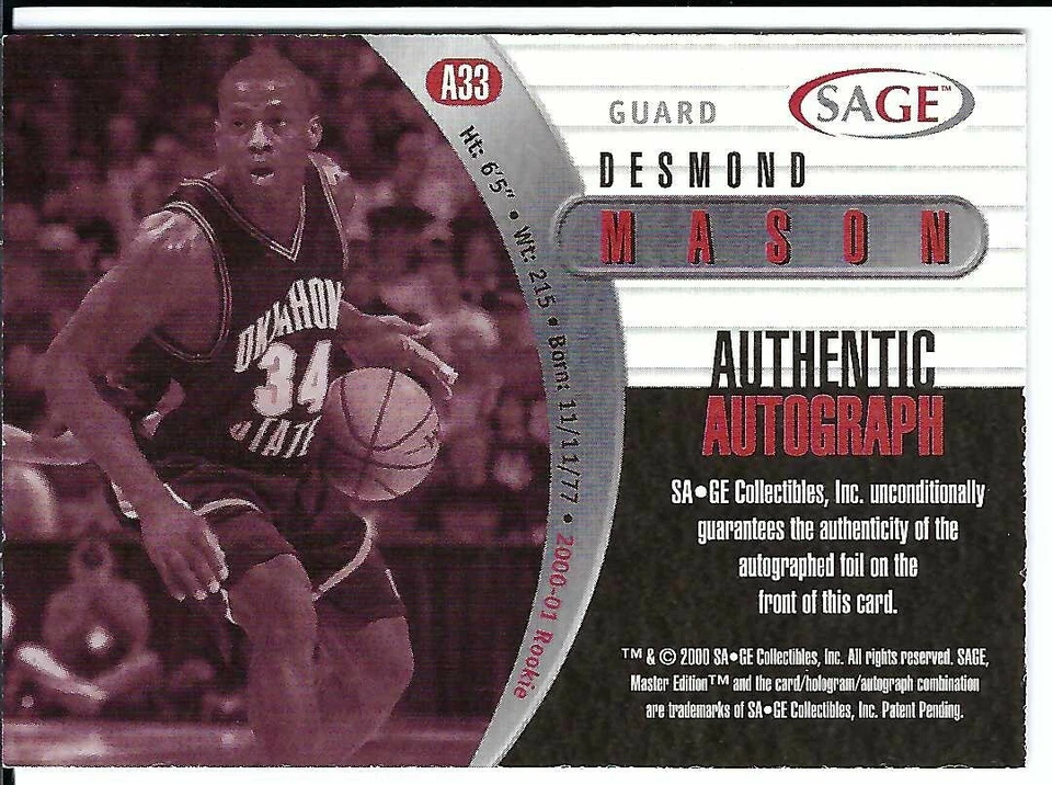 Sage Desmond Mason 2000 autógrafo dorado #/200 Oklahoma State OSU Foto 2 de 3