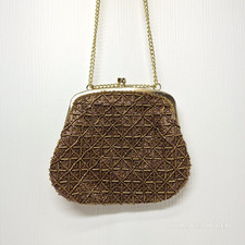 Vintage Women's Beaded Gold Color Small Purse Handbag, Chain Handle, Lined