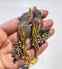 Spille clip pappagallo cristallo smalto giallo verde Coro Duette vintage