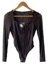 Pretty Little Thing Size 6 Black Sheer Tie Front Bodysuit - New