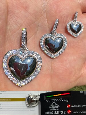 3D Heart Shaped Pendant Iced MOISSANITE Real 925 Silver Necklace - 3 Sizes