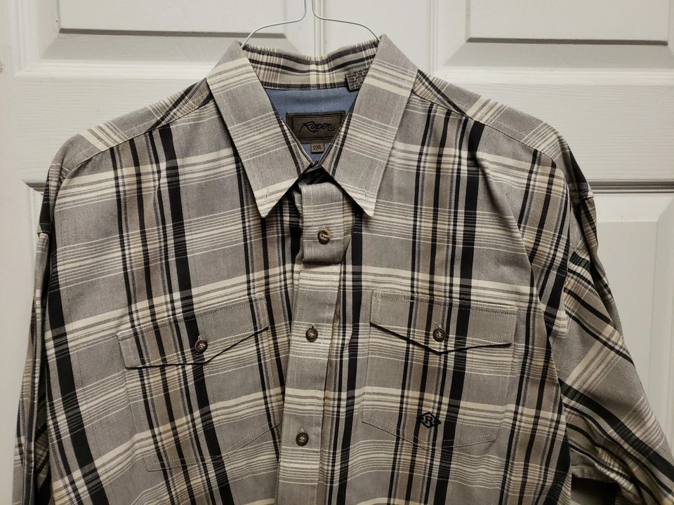 Roper Men Western Shirt Size 2XL Gray Black White Plaid Grunge Starched - Image 2 of 4