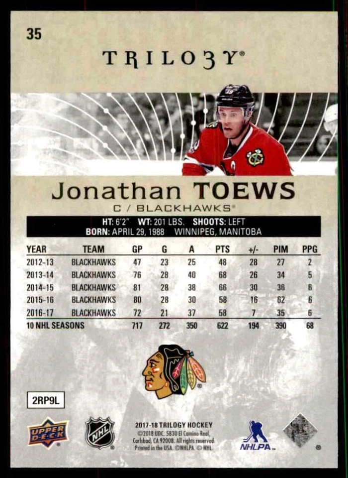 2017-18 Upper Deck Trilogy Jonathan Toews #35 - Image 2 of 2