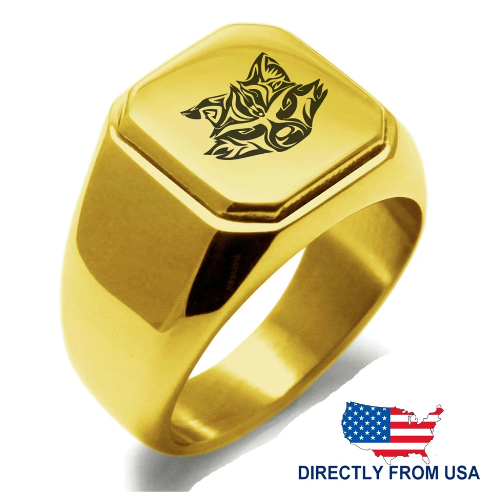 Anillo de sello cuadrado estilo motociclista de acero inoxidable con diseño de animal mapache tribal para hombre Foto 3 de 4