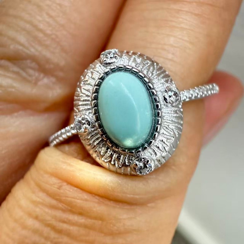 925 Sterling Silver Ring 7x5mm Natural Turquoise Gemstone Zircon Handmade Gift