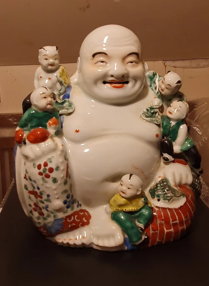 Rare ANTIIQUE Chinese Ceramic Happy Buddha with Children Statue Figurine - Image 3 of 4