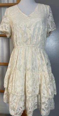 Final Touch Layered Floral Dress Juniors Sz L Ivory Chiffon Fringe Party Classic