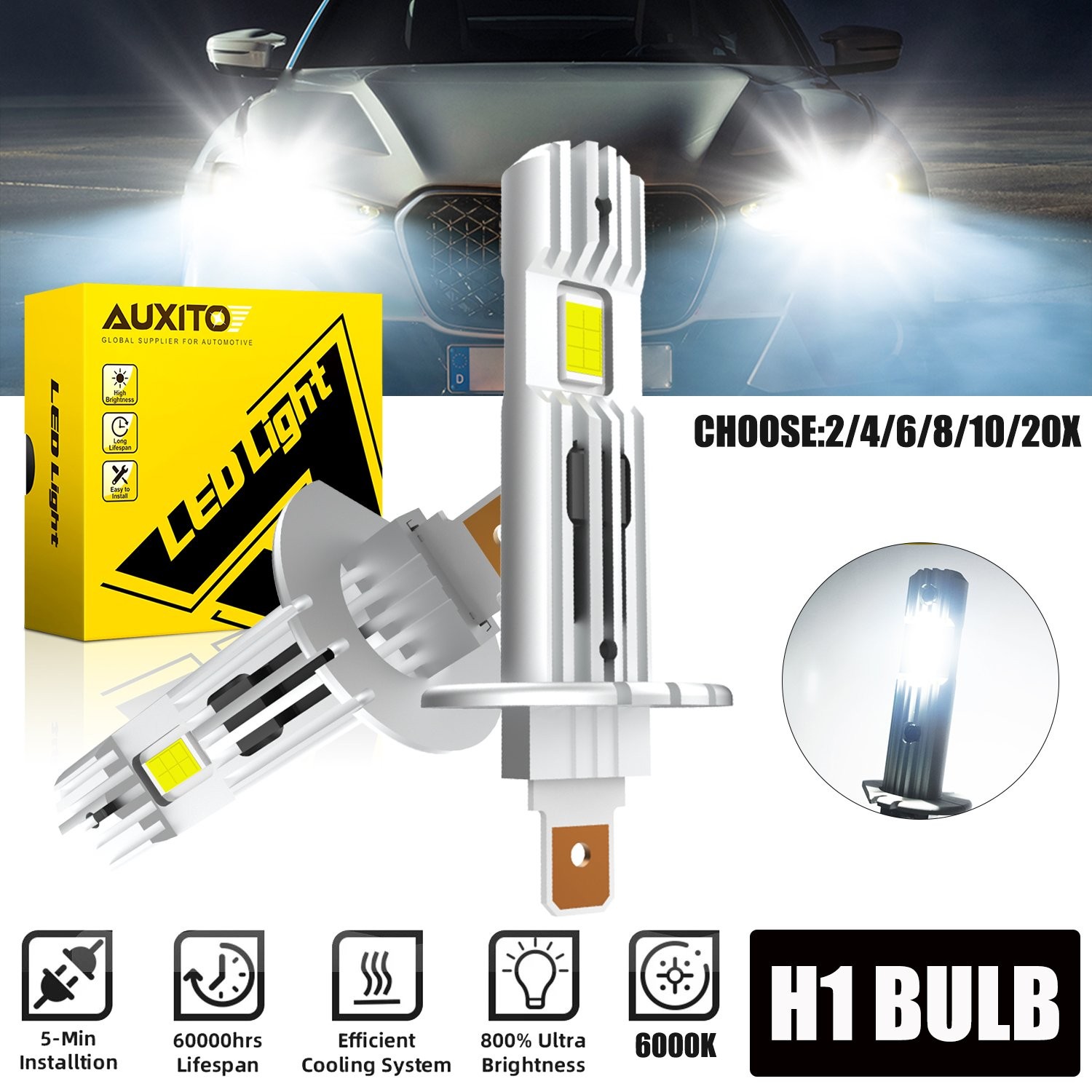 H1 LED Headlight Kit High Low Beam Fog Driving Bulbs 6500K White Super Bright Uk