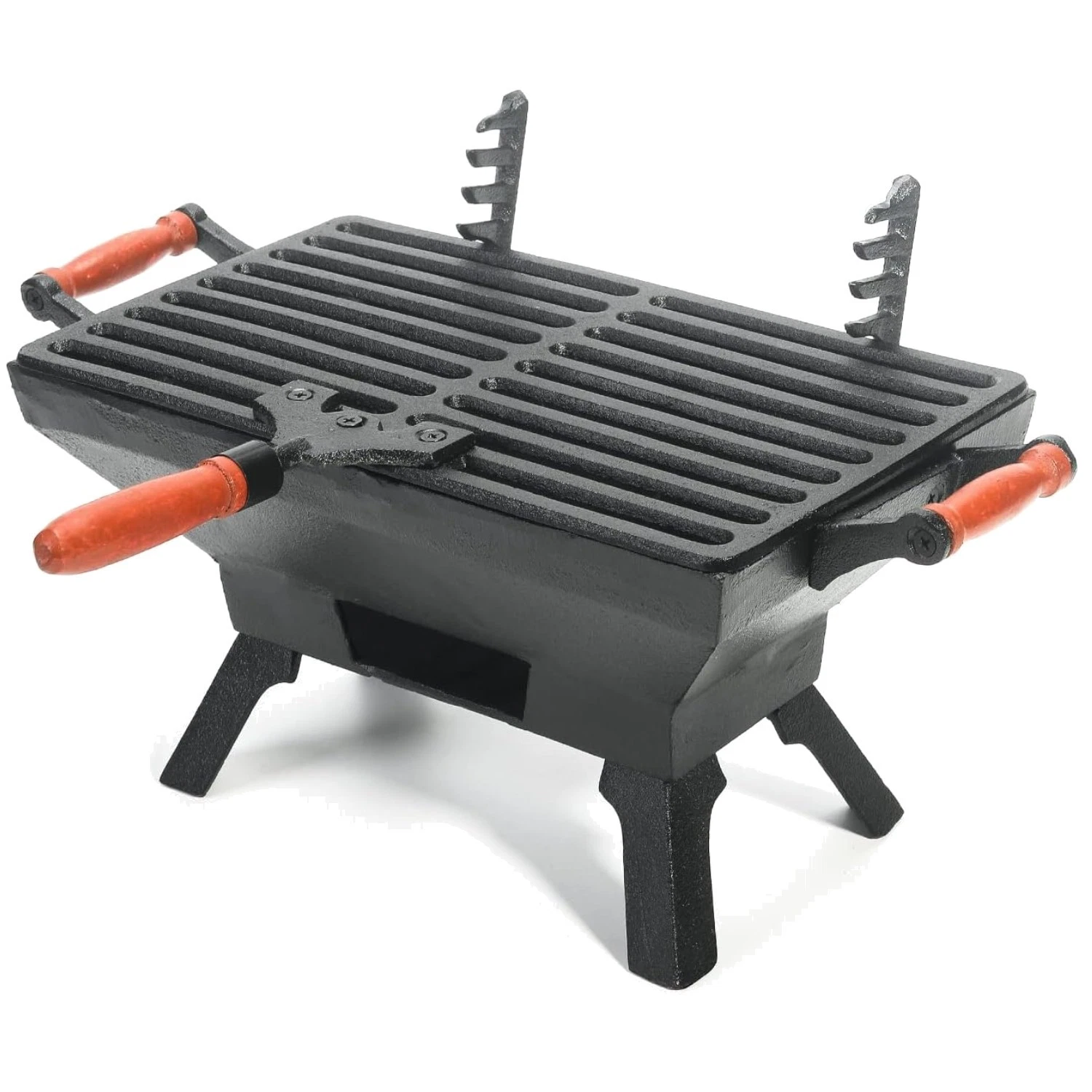 Tabletop Cast Iron Grill - Adjustable Grate, Wooden Handles