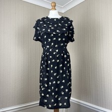 Whistles Silk Floral Dress Fit & Flare Waist Tie UK 14 Black Yellow Ditsy Summer