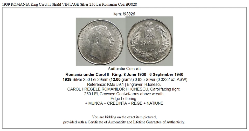 1939 ROMANIA King Carol II Shield VINTAGE Silver 250 Lei Romanian Coin i93828 - Image 3 of 3