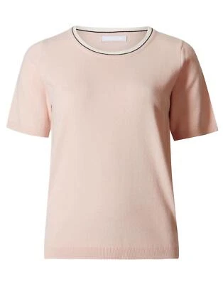 Womens Pale Pink Top Short Sleeve Cashmilon Fine Knit Ivory Grey Stripe Trim - Image 1 of 4