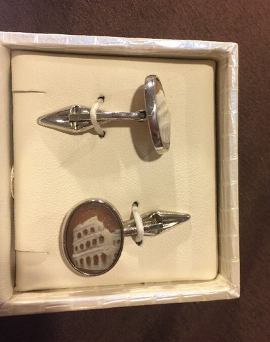 Sterling Silver Carved Shell Colosseum Cameo Cufflinks Cuff Link Shirt Studs New - Picture 3 of 3