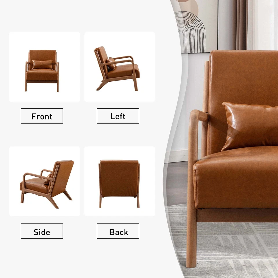 Accent Chair Mid Century Modern Arm Chair, PU Leather Reading Armchair for Bedro - Image 4 of 4