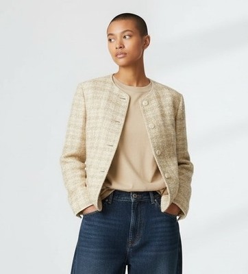 Vintage Hucke Made in W Germany Beige Tweed Wool Quilted Plaid Lady Jacket Sz 40