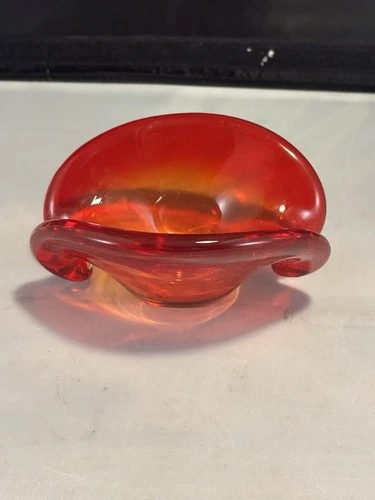 Venetian Murano Glass Biomorphic Clam Shaped Bowl Red Amber 1950’s-60’s