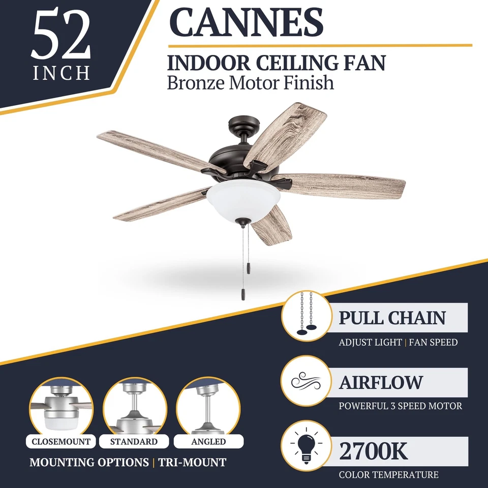 Cannes 52 Inch Traditional Indoor LED Ceiling Fan with Light Pull Chain Three... - Image 3 of 4