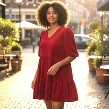Velvet Burn Out Red Dress Boho Cottage Core Casual SZ 4X V Neck Short Sleeve