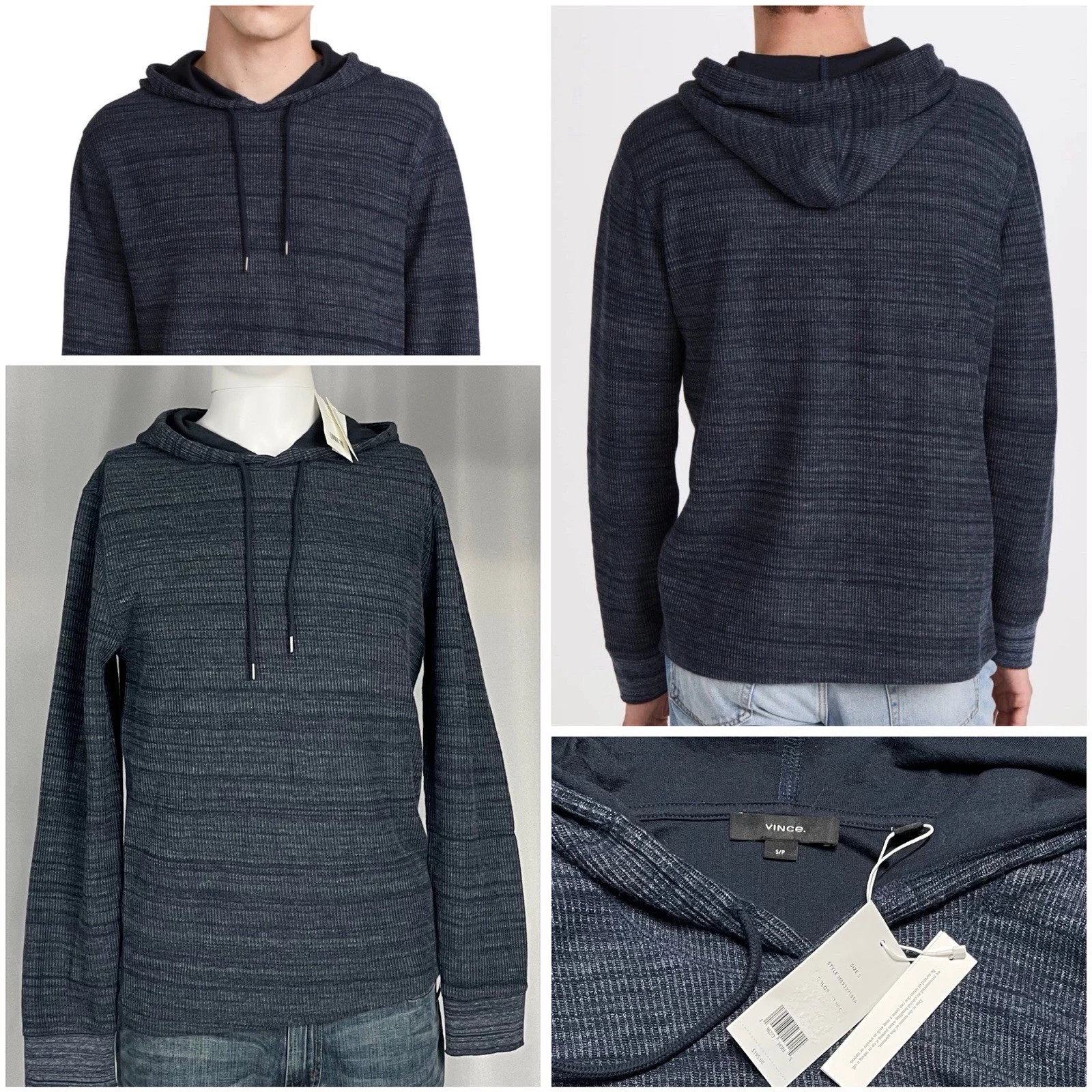 Vince Small Men Blue Waffle Knit Thermal Pullover Hoodie Long Sleeve New NWT