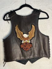 Vintage Brown Leather Biker Vest Lace Up Sides Eagle Patch Size M/L